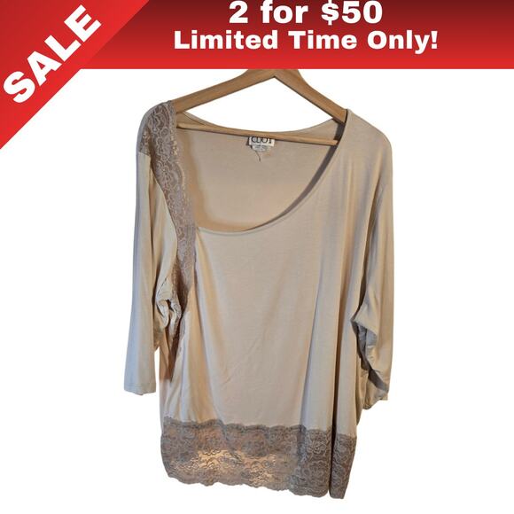 [Sale: 2 for $50!] CLIO II Cream Lace Trim Top Size 2X Feminine Boho 0339 - Picture 1 of 10